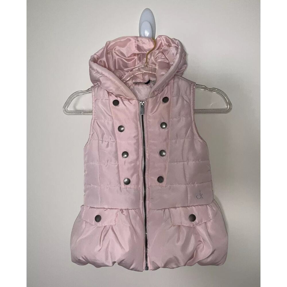 Calvin Klein Jeans Girls 5 Pink Hooded Puffer Gilet Zip Quilted Logo Barbiecore - Picture 1 of 8